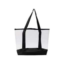 A transparent handbag with black vinyl accents and sturdy black handles. It has a spacious open design.