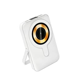 A white 10,000mAh magnetic wireless power bank featuring a phone stand and a circular design.