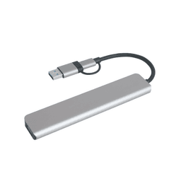 A silver 7-in-1 USB hub with a black cable attached, featuring a USB connector.