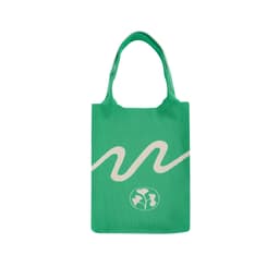 A large green knitted shoulder bag featuring a white wave design and a logo at the bottom.