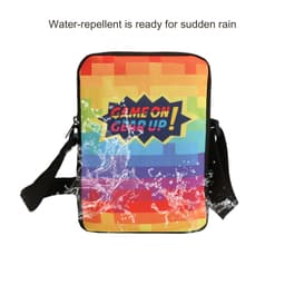 A vibrant, rainbow-coloured sublimation cross body bag with a black strap and a water-repellent surface.