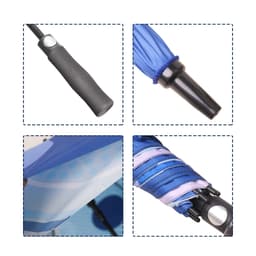 A full colour golf umbrella featuring blue and purple fabric, a black handle, and a sleek design.