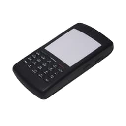 A black mobile phone-shaped stress reliever with buttons and a blank screen. It features a logo on one side.