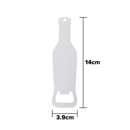 A drink bottle shaped opener in white, featuring a round hole for easy attachment and a logo. Measures 14cm by 3.9cm.