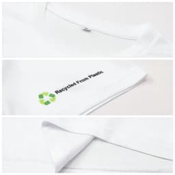 A white unisex t-shirt made from recycled plastic, featuring a logo on the sleeve.