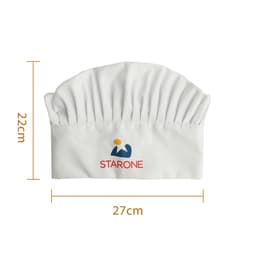 A white adult chef hat with pleats and a logo. Dimensions are 22cm in height and 27cm in width.