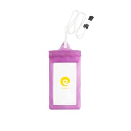A waterproof phone bag in purple with a neck string and a logo. Ideal for protecting devices from water.