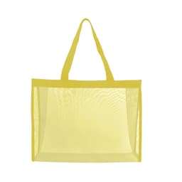 A yellow transparent mesh tote bag with two handles, featuring a logo on one side.
