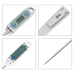 An instant read meat thermometer in white, featuring a long probe and a digital display. It includes a logo.