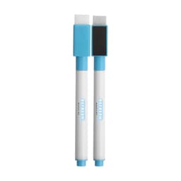 A set of two magnetic whiteboard markers in white with blue caps, featuring a felt tip and a flat end.