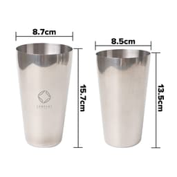 A stainless steel cocktail shaker set, featuring two sizes: 550ml and 750ml, with a polished finish and a logo.