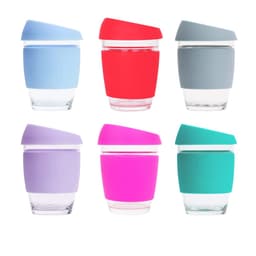 A drink bottle collection featuring six reusable glass coffee cups in pastel blue, red, grey, lavender, pink, and turquoise.