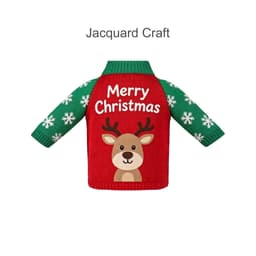 A drink bottle sleeve featuring a red body with a reindeer, green sleeves, and snowflake patterns.
