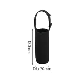 A drink bottle carrier pouch in black, featuring a strap for easy transport. Contains a logo.