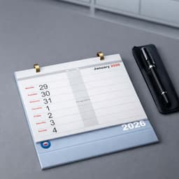 A desk calendar with a white and blue design for January 2026, featuring gold binding and a black pen alongside it.