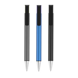 A set of three pens in grey, blue, and black, featuring a sleek design and clips. Each pen has a discreet logo.