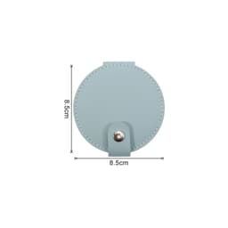 A round folding pocket mirror in light blue with a snap closure, measuring 8.5 cm in diameter. It features a logo.