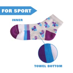 Ankle socks with a towel bottom feature a patterned design in purple and blue on a light background.