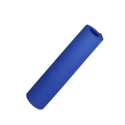 A rolled blue yoga mat made from premium TPE material, featuring a simple design and a logo.