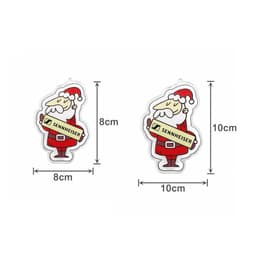 A custom shape acrylic ornament featuring Santa Claus in a red suit, with a logo. Clear background, dimensions provided.