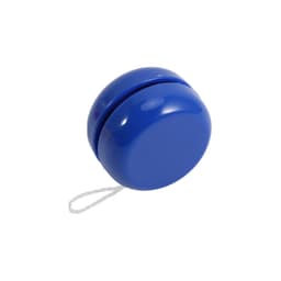 A blue classic yoyo with a smooth, shiny surface and a white string attached.