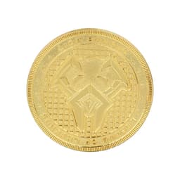 A gold coin pin featuring a textured surface and intricate design. The pin has a logo on it.