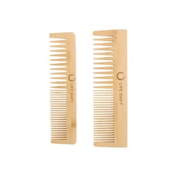Two bamboo combs with a light brown finish, featuring a logo on one side.