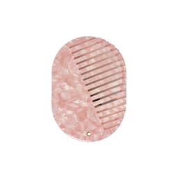 A portable acetate hair comb in a pink marbled design features a mirror on the opposite side and includes a logo.