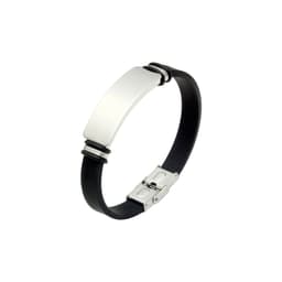 A sleek black bracelet with a silver engraved plate and metal accents, featuring a secure clasp.