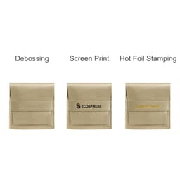 A PU leather flip jewelry pouch in beige with three branding options: debossing, screen print, and hot foil stamping.