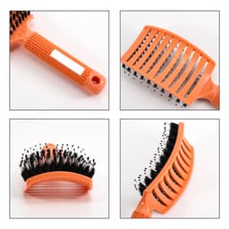 An orange detangler bristle hairbrush with a textured handle and flexible bristles, shown from multiple angles.