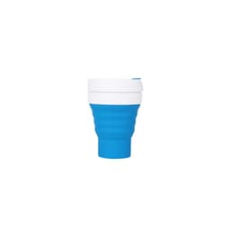 A reusable 355ml collapsible silicone coffee cup in blue and white, featuring a logo on the side.