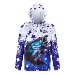 A men's 1/4 zip fishing hood shirt in white and blue, featuring a fish graphic and star patterns, with a hood and branding.