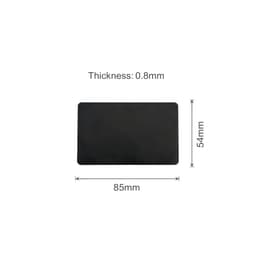 A black metal business card with dimensions of 85mm x 54mm and a thickness of 0.8mm. It features a logo.