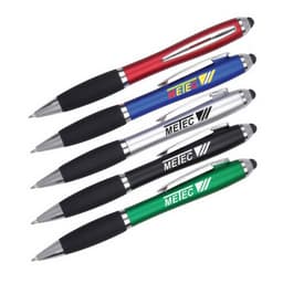 A set of stylus pens in red, blue, black, and green with silver accents and black grip sections. Each pen has a logo.