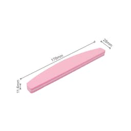 A pink half moon-shaped nail file with dimensions 178mm x 28mm x 11.6mm, featuring a logo.