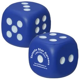 A blue dice-shaped stress reliever with white dots, featuring a logo on one side.