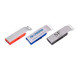 A drink bottle opener with a metallic finish, featuring red, blue, and black colour options, serves as a flash drive.