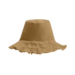 A raw edge bucket hat in a warm tan colour, featuring a frayed brim and an attached logo.
