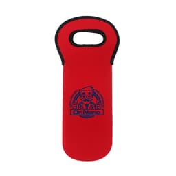A drink bottle cooler in red with a handle and a logo on the front.