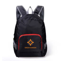 A black backpack with a red zipper pocket and a logo on the front. The straps are grey.