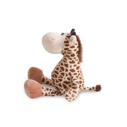 A soft plush toy giraffe, featuring a spotted design in tan and brown, with a gentle expression and sitting pose.