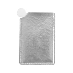 A stainless steel portable mirror in silver, featuring a rounded corner and a small attachment point.