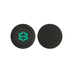 A round black magnetic wireless charging stand with a logo on one side and a smooth, plain surface on the other.