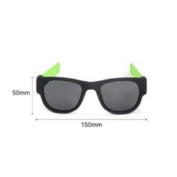 A pair of black sunglasses with green arms, featuring a sleek design and measuring 150mm by 50mm.