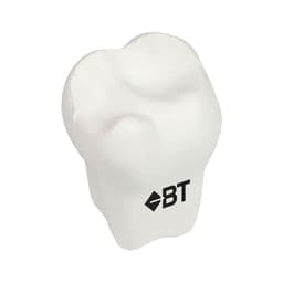A white tooth-shaped stress reliever with a logo, designed as a fun keyring accessory.
