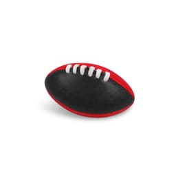 A Mini Aussie Rules ball in black and red with white stitching, featuring a logo on its surface.