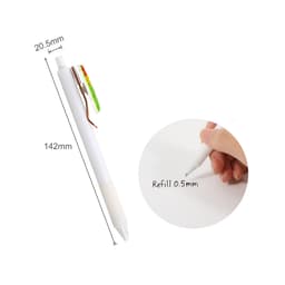 A white custom PVC pen with a green and yellow clip, featuring a 0.5mm refill tip.