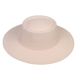 A flat top felt fedora hat in a soft cream colour with a wide brim and a rounded crown. It features a logo.