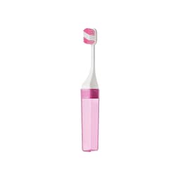 A square foldable handle toothbrush in white and pink, contained within a matching translucent pink case.